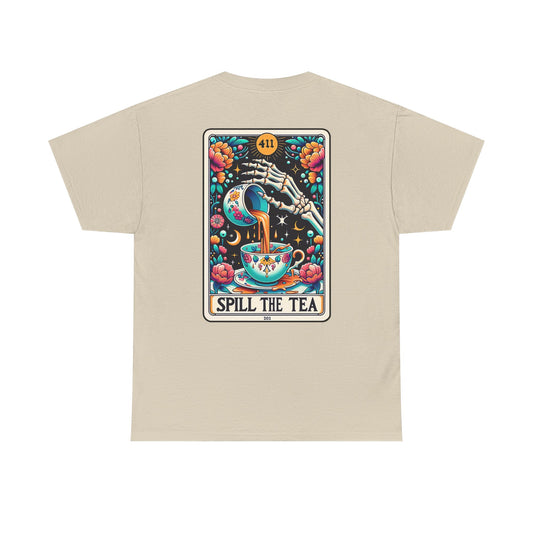 "Spill the Tea" Unisex Heavy Cotton Tee, Fun T-Shirt, Gift for Friends, Casual Wear, Festival Outfit, Tea Lover Apparel