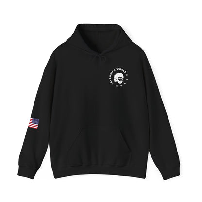 Patriotic Skull Hoodie — "Caveman's World" the gym is my sanctuary/ American Flag Back Design