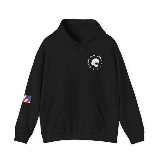Patriotic Skull Hoodie — "Caveman's World" the gym is my sanctuary/ American Flag Back Design