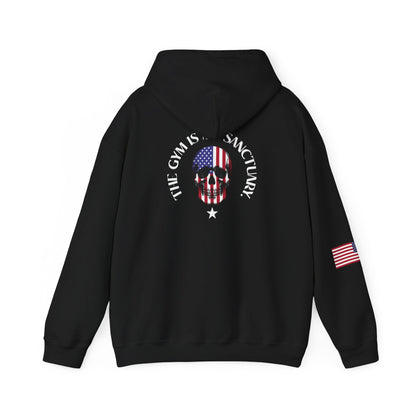Patriotic Skull Hoodie — "Caveman's World" the gym is my sanctuary/ American Flag Back Design