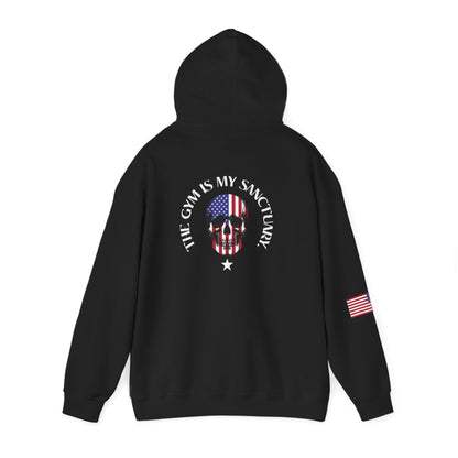 Patriotic Skull Hoodie — "Caveman's World" the gym is my sanctuary/ American Flag Back Design