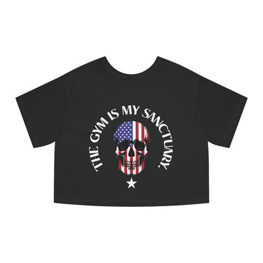 Cropped T-Shirt — "The Gym Is My Sanctuary" American Flag Skull